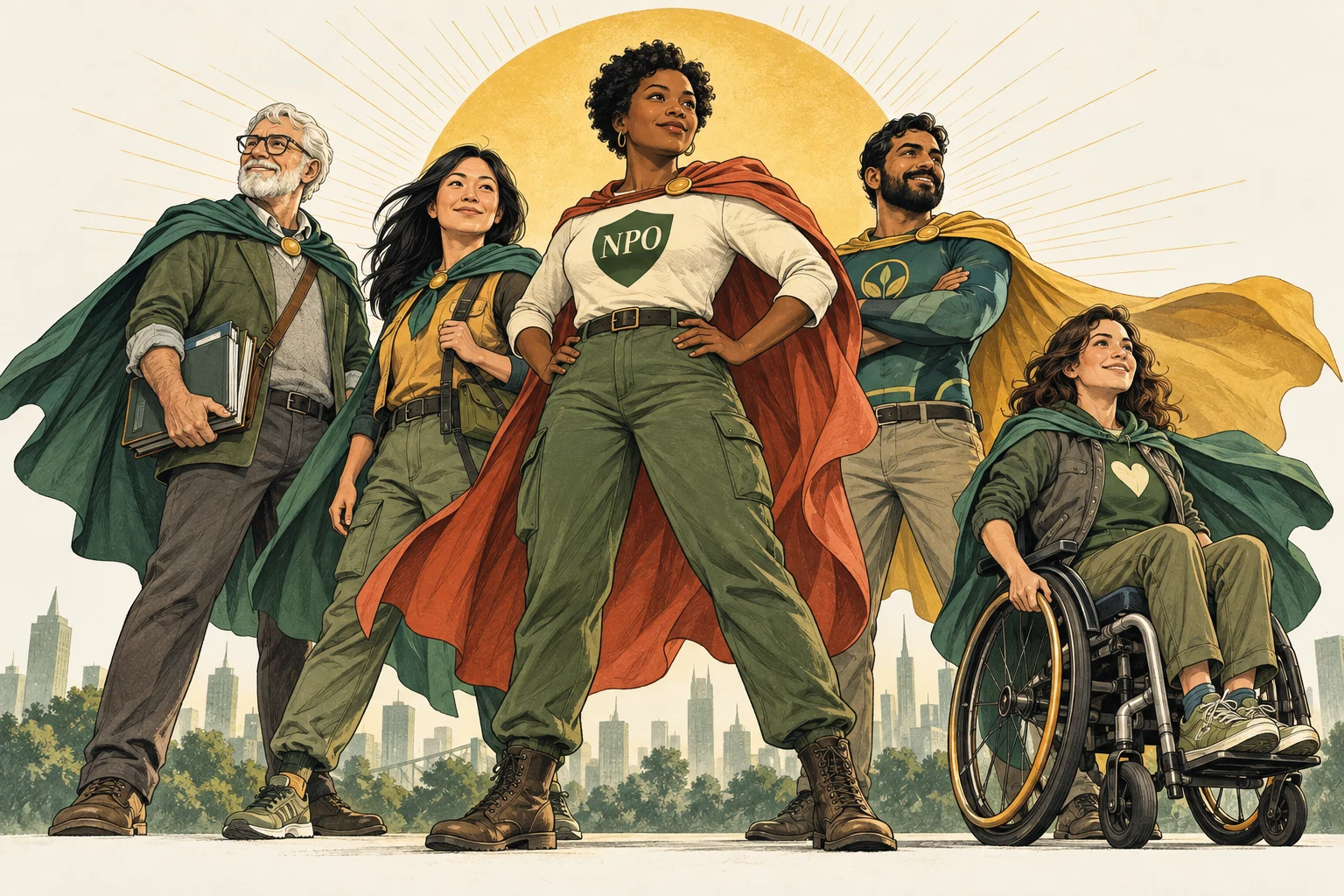 Five everyday nonprofit superheroes stand together in capes, including a wheelchair user. The central hero wears an NPO emblem.