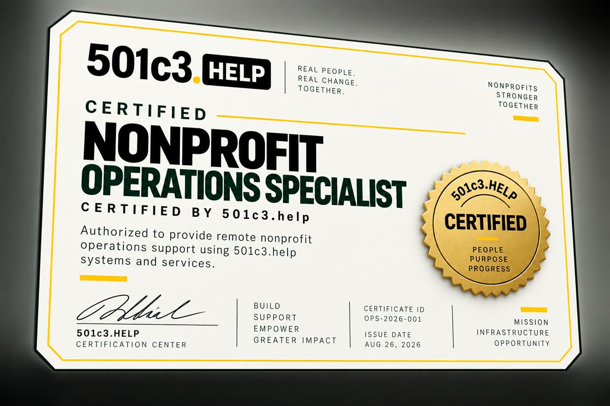 Sample certificate: Certified Nonprofit Operations Specialist, certified by 501c3.help