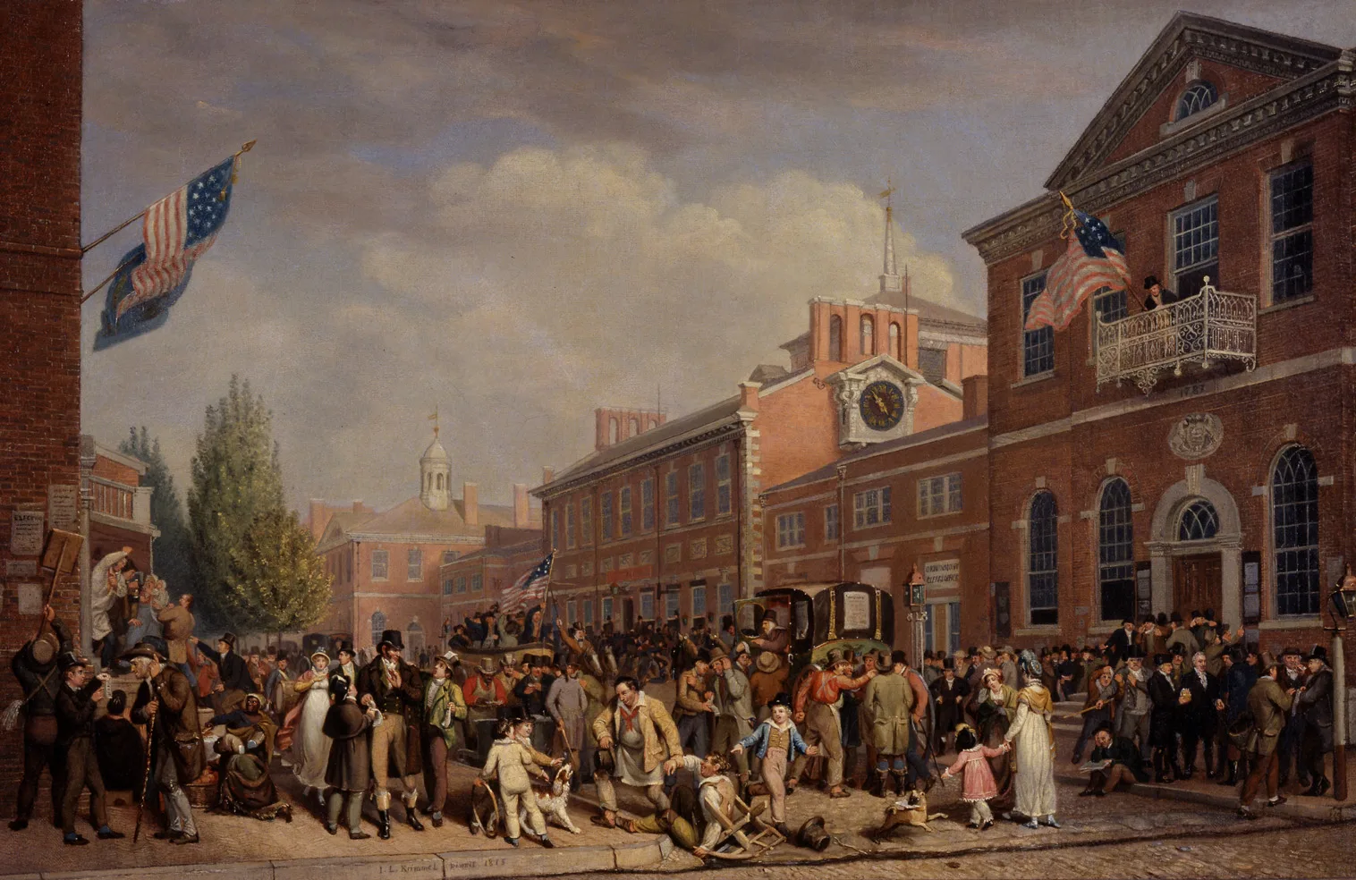 A painting of a crowd of men in top hats and long coats gathered on a street in front of a brick building with tall windows, some talking in groups and some on horseback