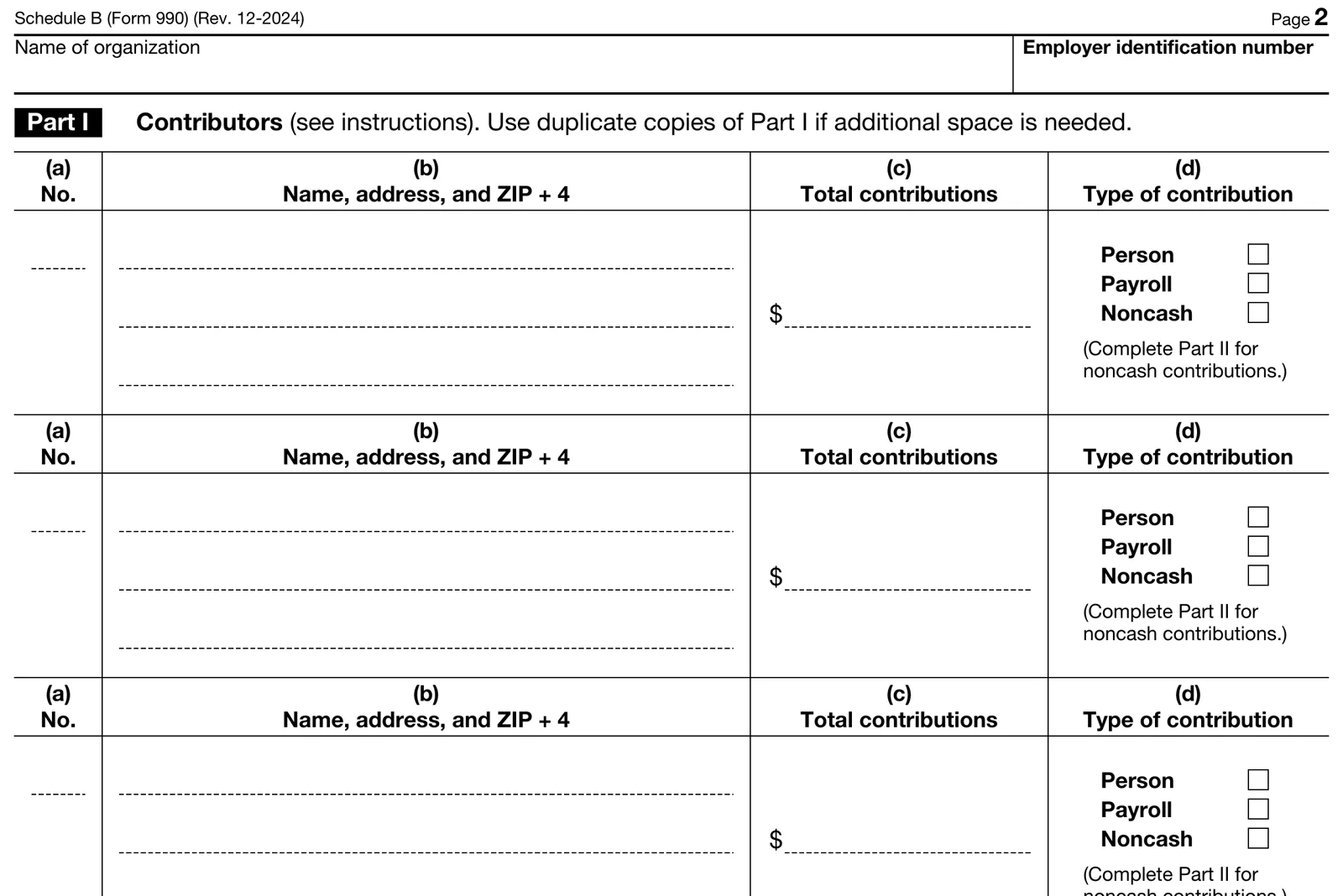 The blank top of page 2 of IRS Schedule B, Form 990, headed Part I, Contributors, with empty rows for each contributor's name, address and ZIP code, total contributions and type of contribution, with boxes for person, payroll and noncash
