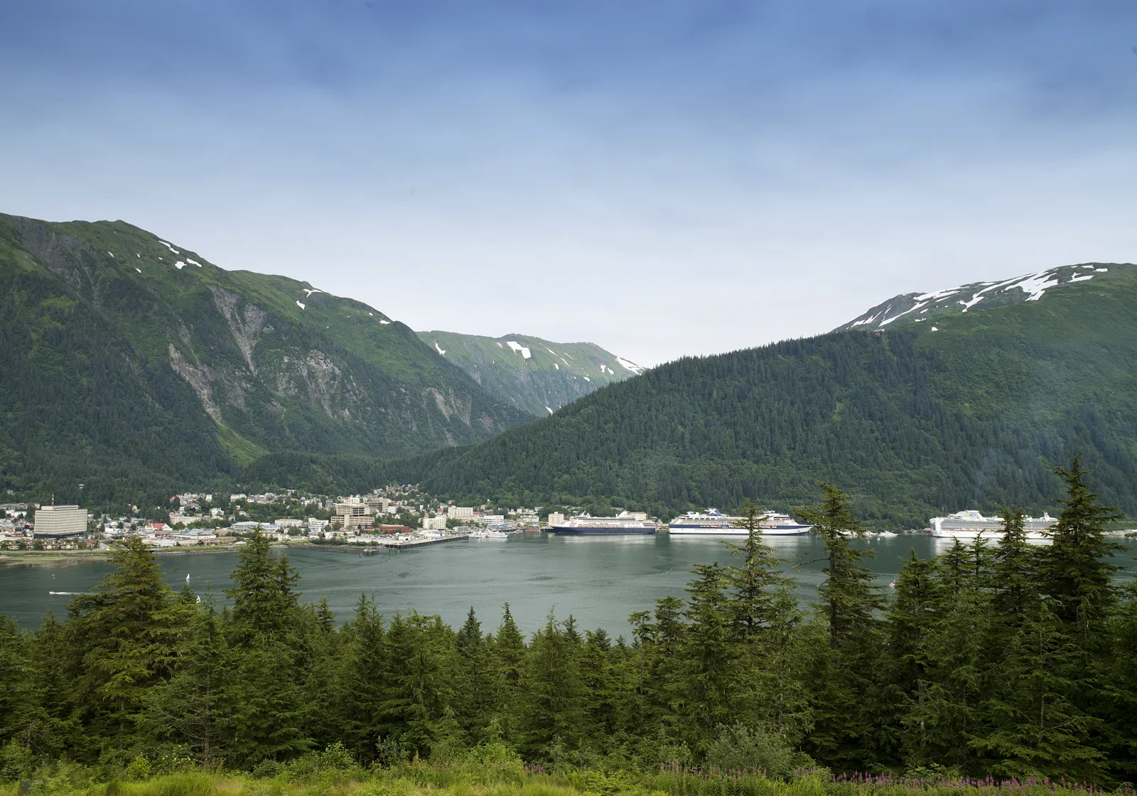 A small city of low buildings along the shore of a wide channel at the foot of steep forested mountains, with three white cruise ships at its docks and evergreen trees in the foreground