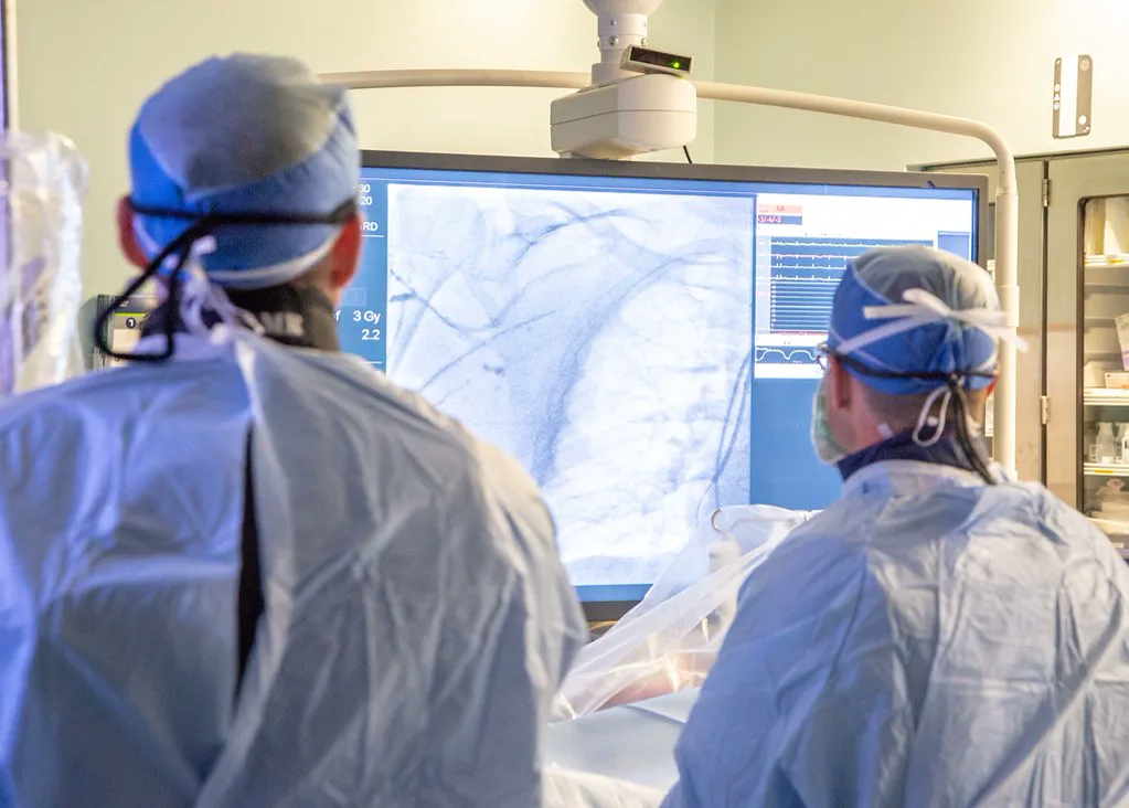 Two cardiologists in surgical caps and gowns, seen from behind, watch an X-ray image of blood vessels on a large monitor in a catheterization lab