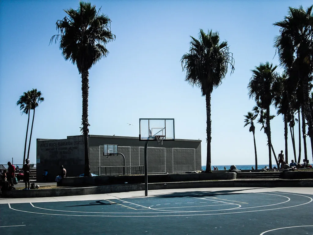 An empty outdoor basketball court with a single hoop under a clear blue sky, tall palm trees and a low concrete building behind it, and a few people far off at the edge