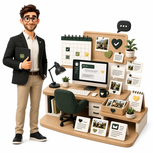 Illustration of Homwy, a friendly assistant managing a nonprofit's story across a calendar, chat, and social posts