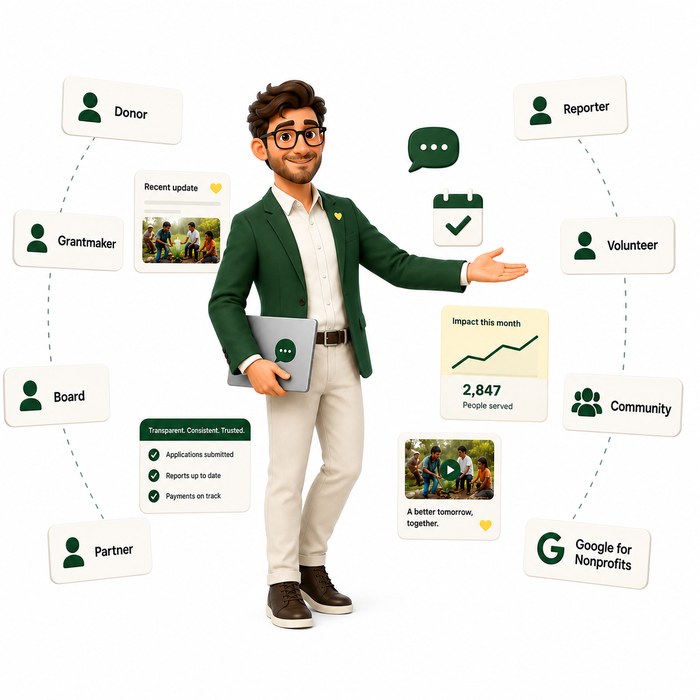 Illustration of Homwy connecting an organization to donors, grantmakers, board members, partners, reporters, volunteers, and Google for Nonprofits