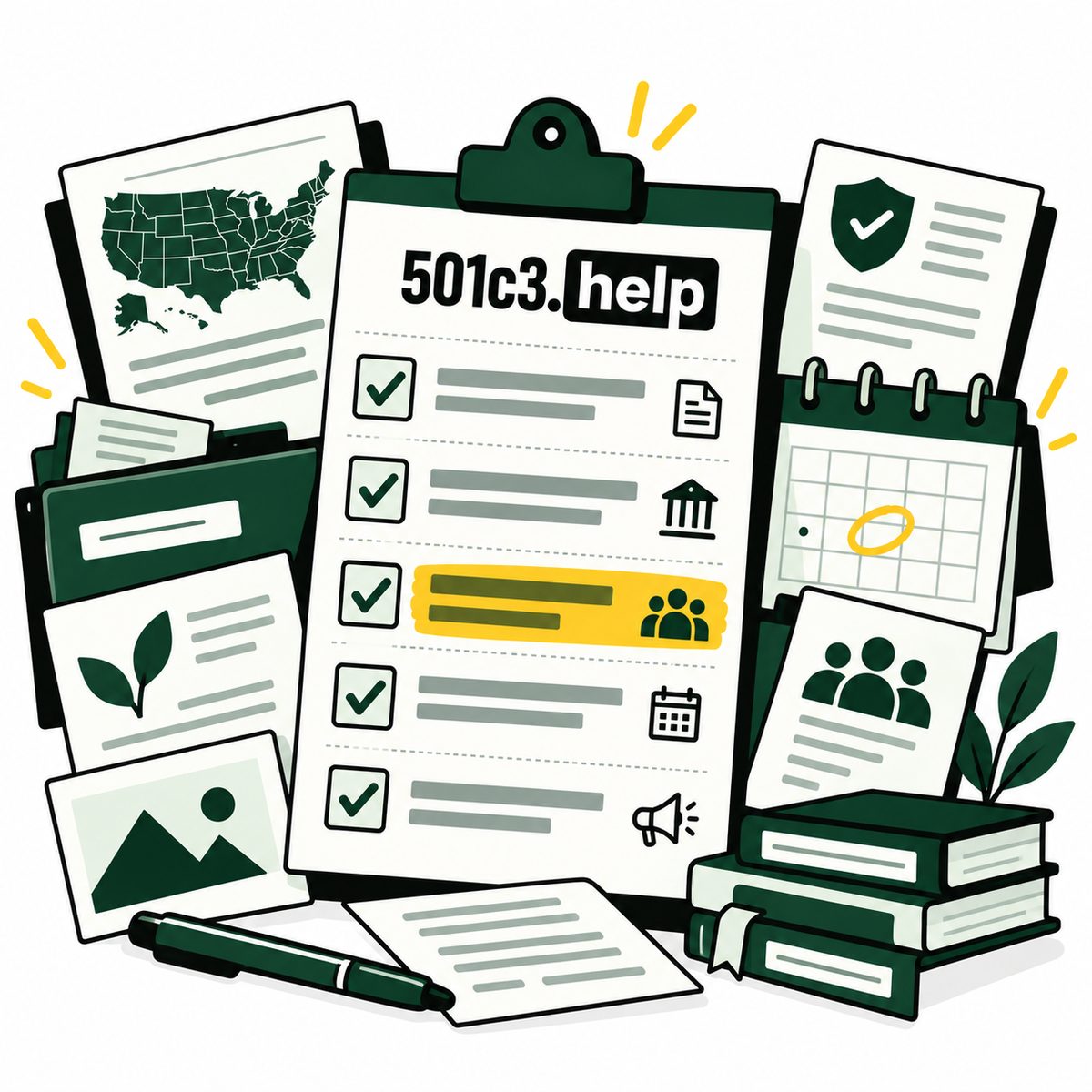 A checklist of nonprofit operations surrounded by filings, a compliance calendar, a US map and outreach materials